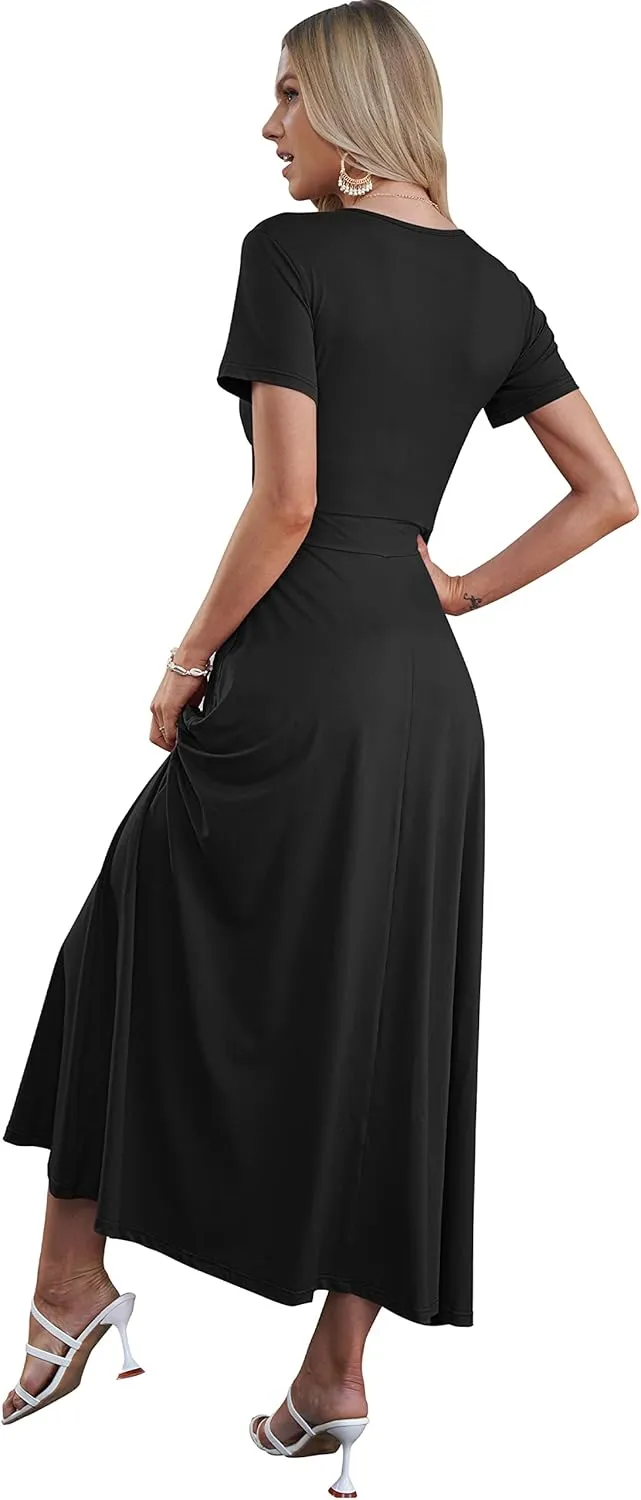 AUSELILY Maxi Dresses for Women Ankle Length Floral Print Beach Long Flowy Dress with Pockets