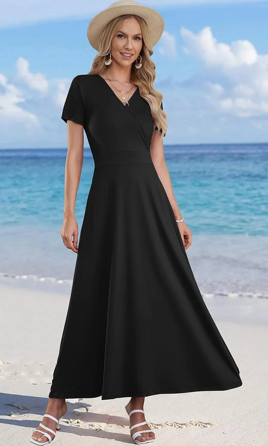 AUSELILY Maxi Dresses for Women Ankle Length Floral Print Beach Long Flowy Dress with Pockets