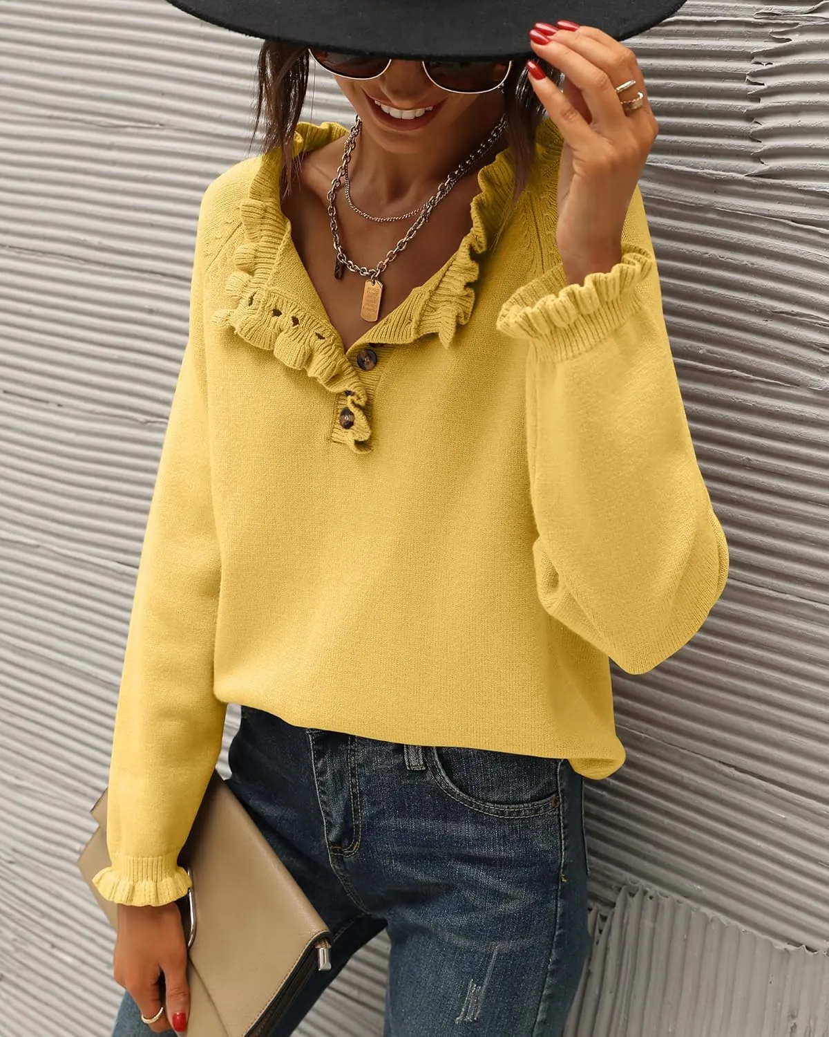 BTFBM Womens Sweaters Fall Winter Clothes 2025 Long Sleeve Button Down Ruffle Crew Neck Casual Knitted Pullover Tops