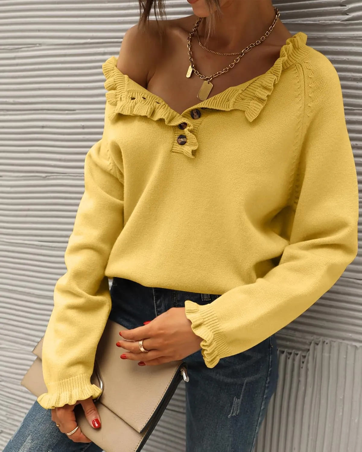 BTFBM Womens Sweaters Fall Winter Clothes 2025 Long Sleeve Button Down Ruffle Crew Neck Casual Knitted Pullover Tops