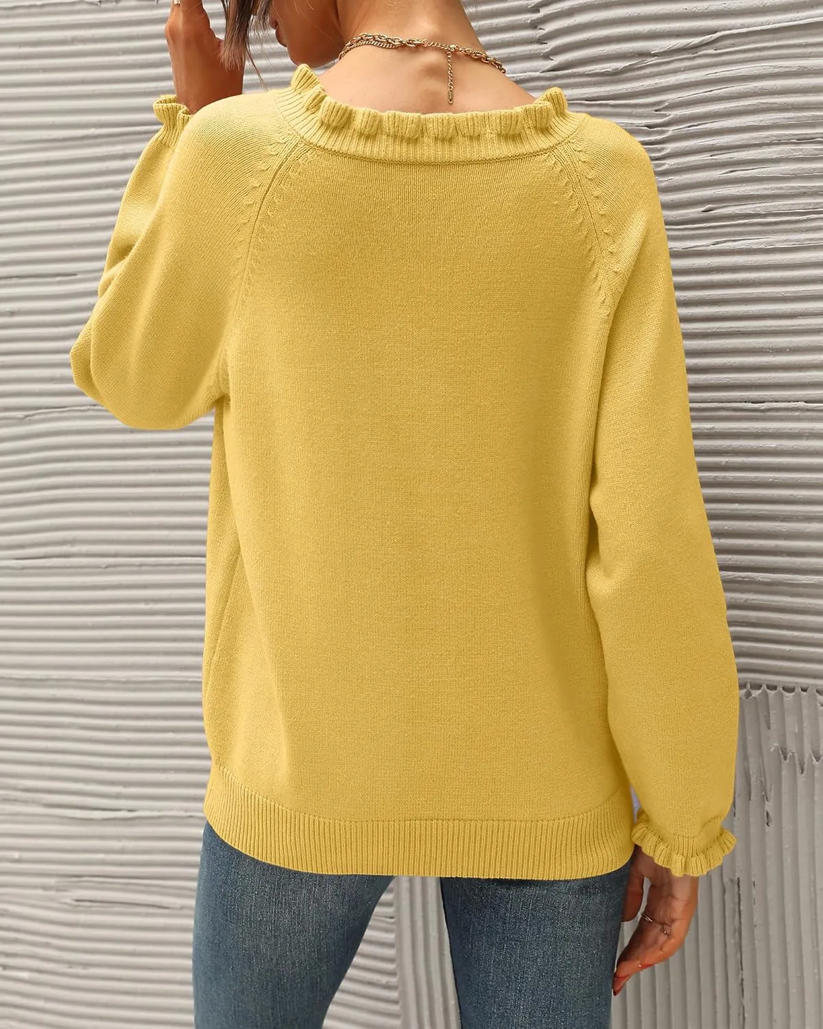 BTFBM Womens Sweaters Fall Winter Clothes 2025 Long Sleeve Button Down Ruffle Crew Neck Casual Knitted Pullover Tops