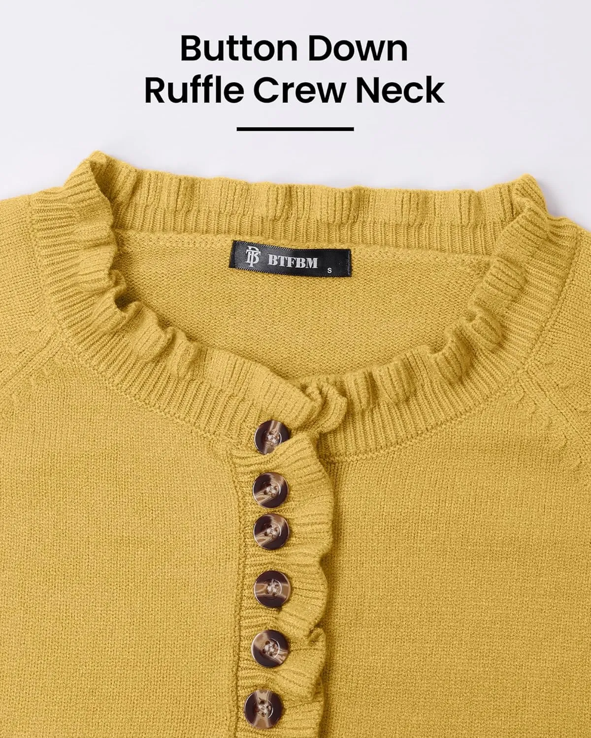 BTFBM Womens Sweaters Fall Winter Clothes 2025 Long Sleeve Button Down Ruffle Crew Neck Casual Knitted Pullover Tops