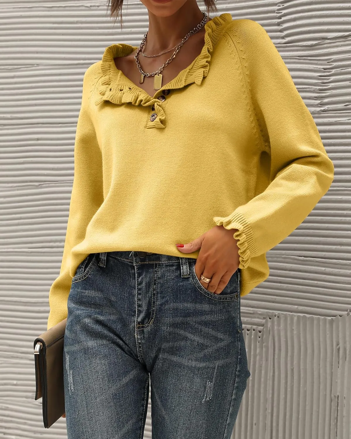 BTFBM Womens Sweaters Fall Winter Clothes 2025 Long Sleeve Button Down Ruffle Crew Neck Casual Knitted Pullover Tops