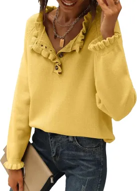 BTFBM Womens Sweaters Fall Winter Clothes 2025 Long Sleeve Button Down Ruffle Crew Neck Casual Knitted Pullover Tops