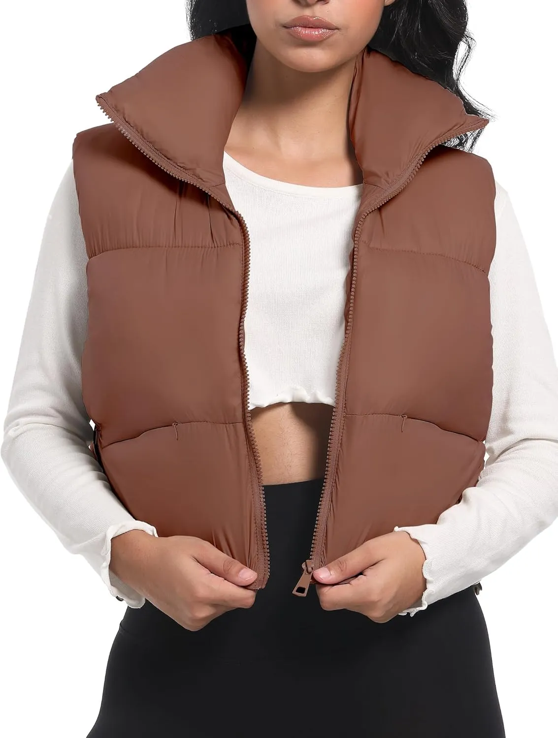 Buauty Cropped Puffer Vest Women 2025 Winter Puffy Vest with Pockets Lightweight Stand Collar Zip Up Sleeveless Jacket