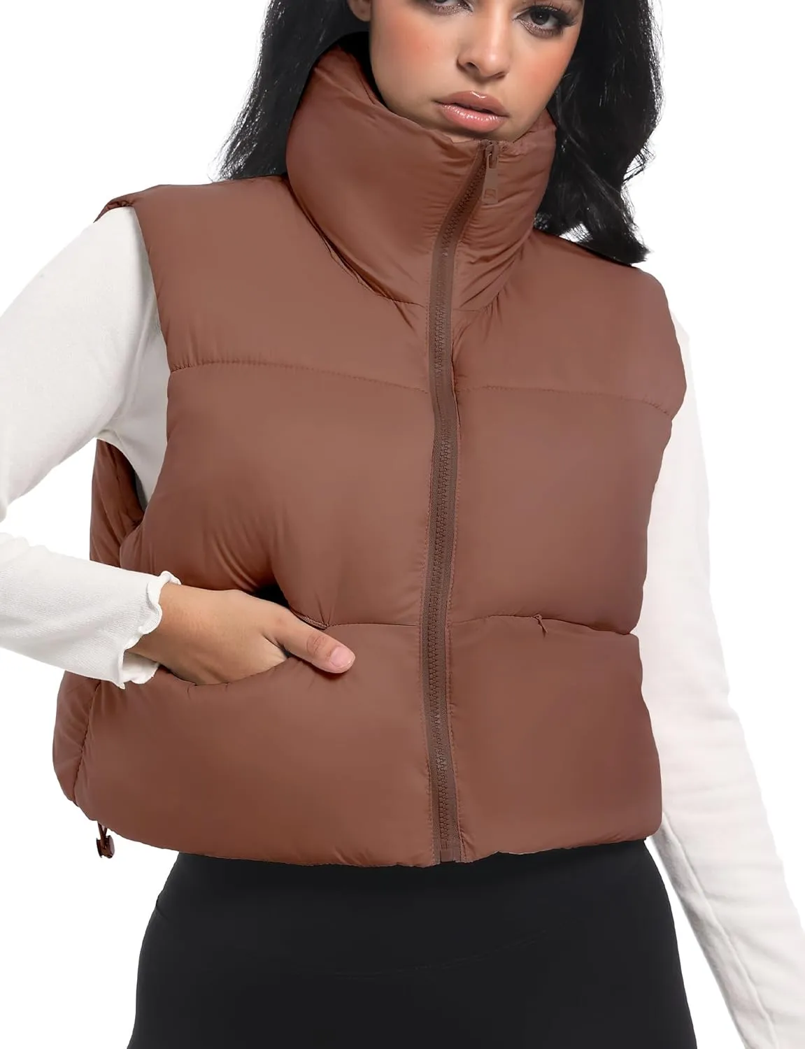 Buauty Cropped Puffer Vest Women 2025 Winter Puffy Vest with Pockets Lightweight Stand Collar Zip Up Sleeveless Jacket