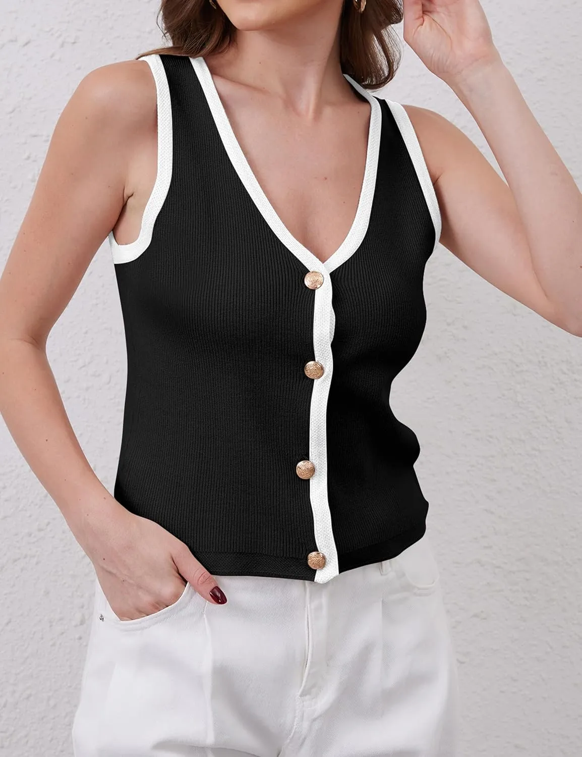 Button Up Sweater Vest for Women 2024 V Neck Sleeveless Tank Tops Cardigan Vests