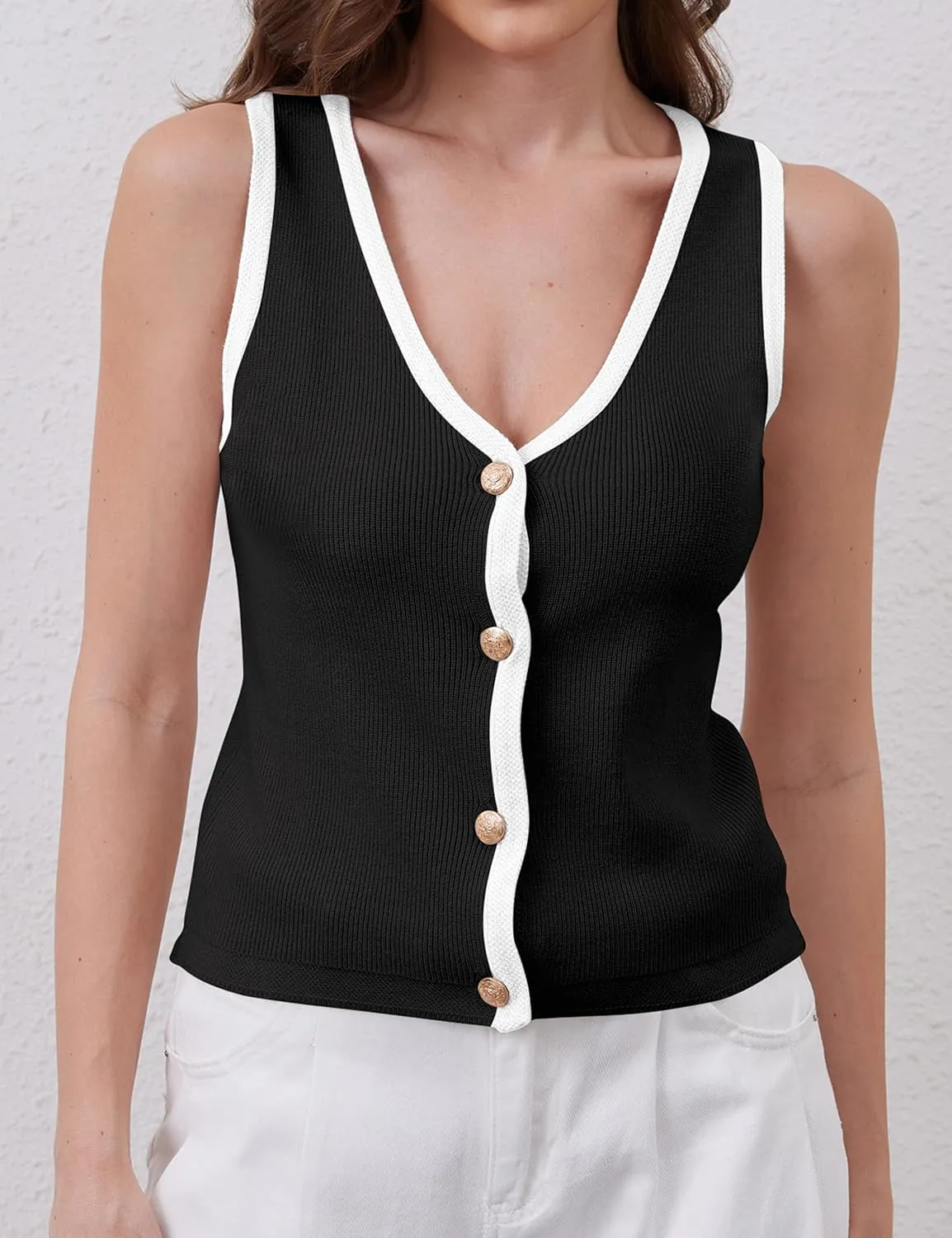 Button Up Sweater Vest for Women 2024 V Neck Sleeveless Tank Tops Cardigan Vests