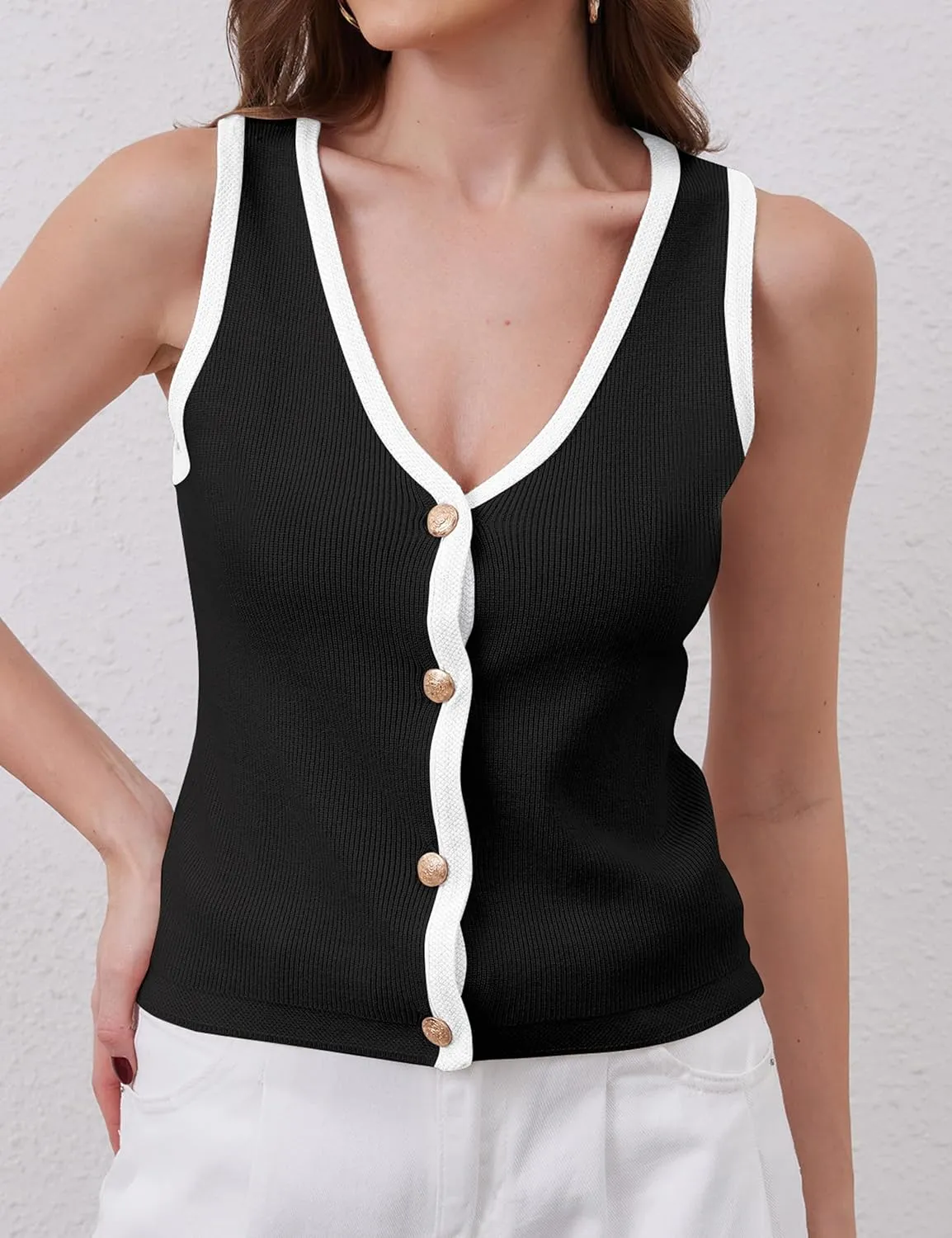 Button Up Sweater Vest for Women 2024 V Neck Sleeveless Tank Tops Cardigan Vests