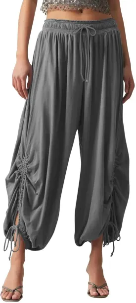 Capri Harem Pants for Women Baggy Side Drawstring Beach Pants Pleated Loose Lounge Trousers 2025 Streetwear