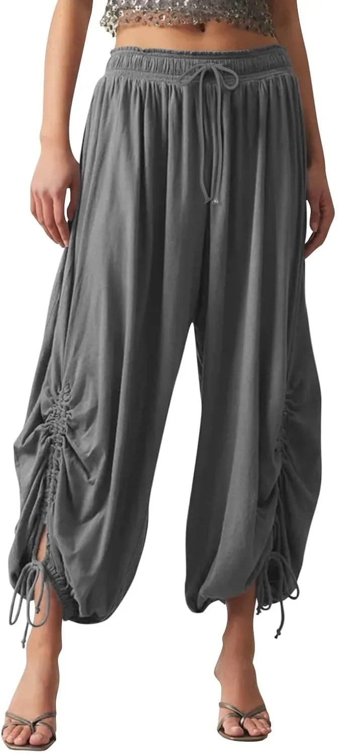 Capri Harem Pants for Women Baggy Side Drawstring Beach Pants Pleated Loose Lounge Trousers 2025 Streetwear