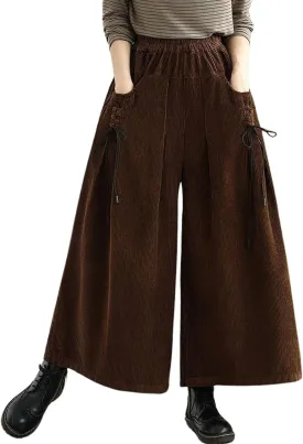 chouyatou Women's Fall Casual Wide Leg Baggy Corduroy Pants Elastic Waist Baggy Culotte Loose Trousers