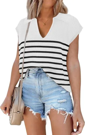 Disamer Short Sleeve Sweater for Women 2025 Spring Fashion Striped Sleeveless Vest Casual Tank Tops Summer Shirts