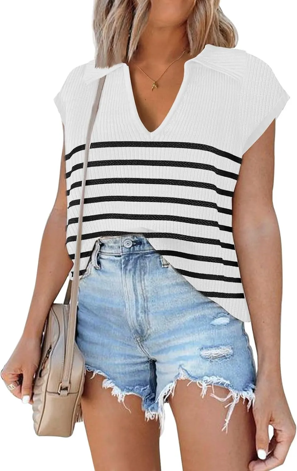 Disamer Short Sleeve Sweater for Women 2025 Spring Fashion Striped Sleeveless Vest Casual Tank Tops Summer Shirts