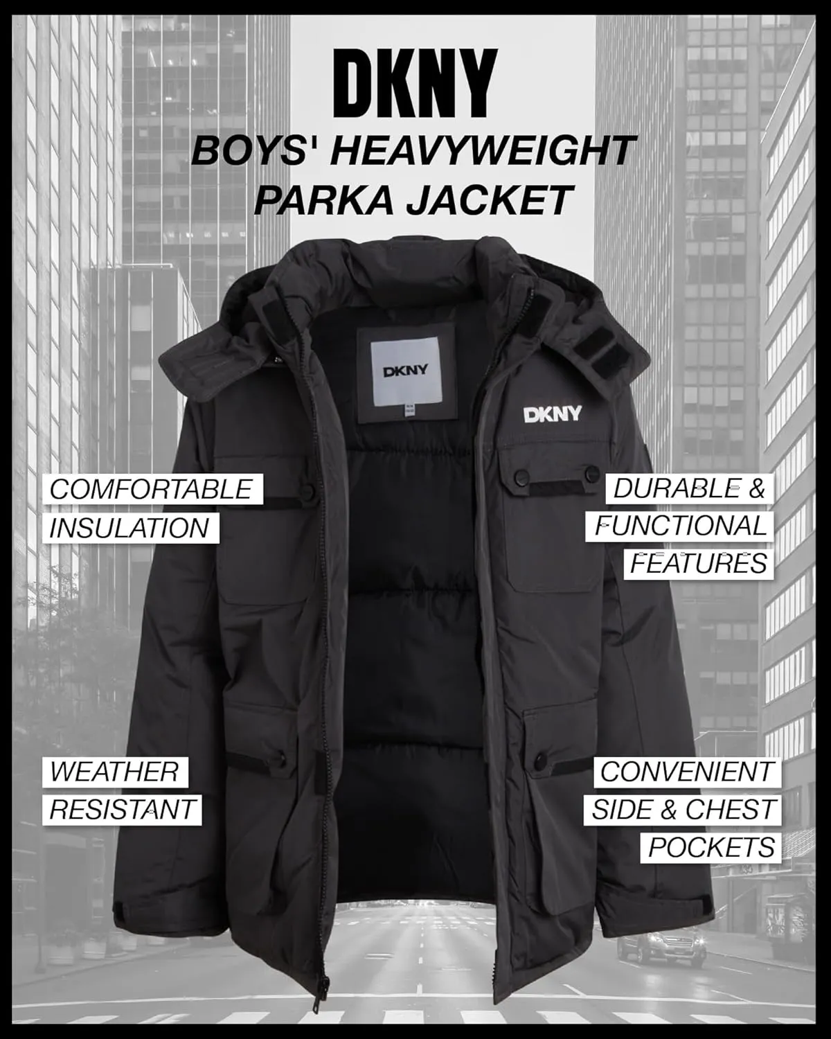 DKNY Boys' Winter Coat - Heavyweight Bomber Parka Jacket - Water Resistant Insulated Jacket for Boys (8-20)