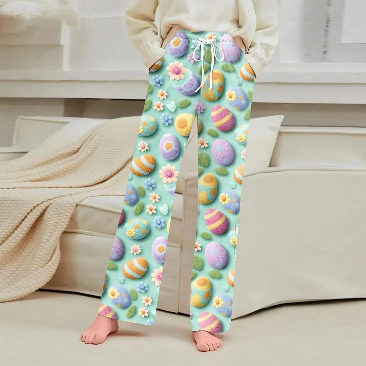Easter 2025 Pajamas Pants for Women Wide Leg Casual Loose Lounge Print Pjs Pant Stretch Cute Sleep Bottoms Sleepwear