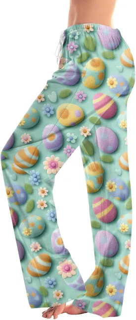 Easter 2025 Pajamas Pants for Women Wide Leg Casual Loose Lounge Print Pjs Pant Stretch Cute Sleep Bottoms Sleepwear