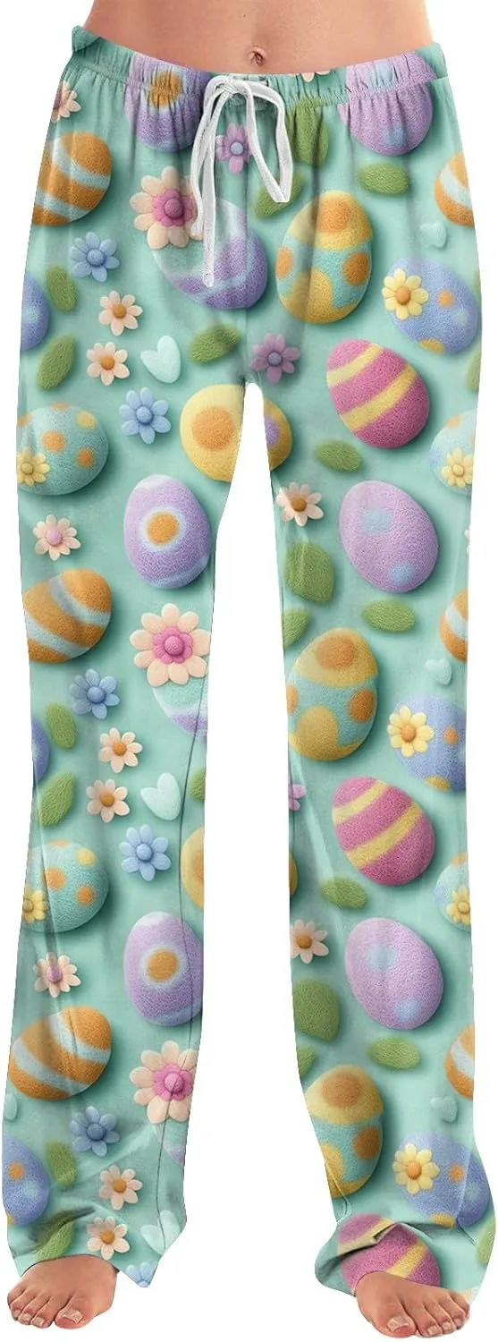 Easter 2025 Pajamas Pants for Women Wide Leg Casual Loose Lounge Print Pjs Pant Stretch Cute Sleep Bottoms Sleepwear