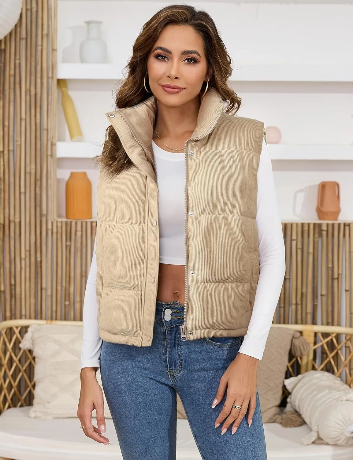 Gihuo Women's Corduroy Puffer Vest Stand Collar Zip Up Padded Vests Sleeveless Quilted Jackets Snap Gilet with Pockets