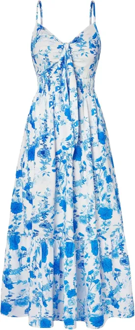 GRACE KARIN Women's 2025 Summer Maxi Dress Floral Tie Front Spaghetti Strap Casual Boho Beach Flowy Sundress with Pockets