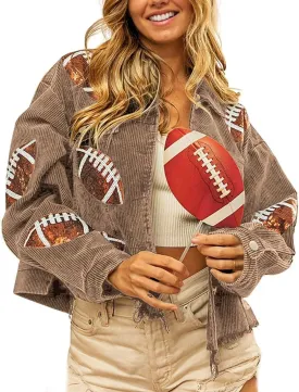 happlan Football Sequin Embroidery Rugby Cropped Frayed Hem Vintage Washed Corduroy Jacket Coat Shacket for Women