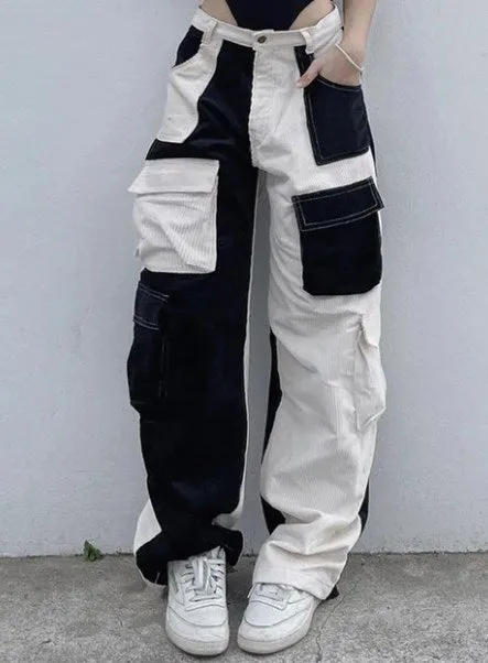 Hnewly Corduroy Pants Woman Baggy High Waist Contrast Patchwork Trousers Y2K Streetwear Casual Straight Sweatpants Capris Winter fits Streetwear
