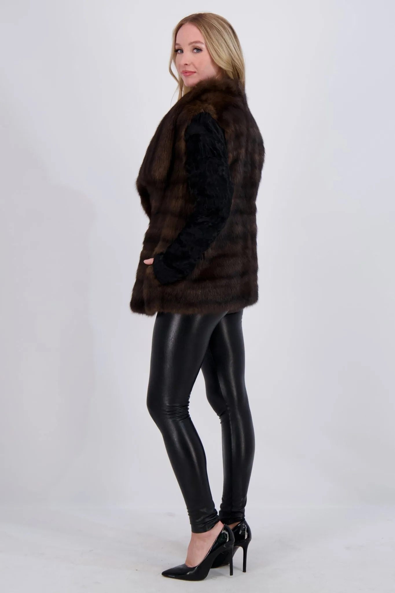 HORIZONTAL SABLE JACKET WITH LAMB SLEEVES