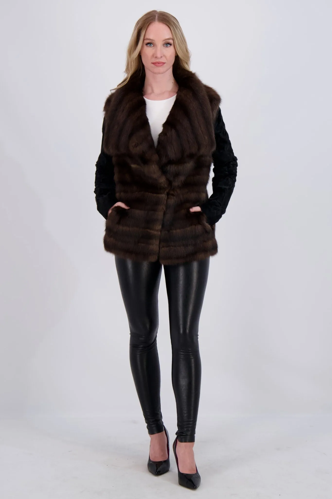 HORIZONTAL SABLE JACKET WITH LAMB SLEEVES