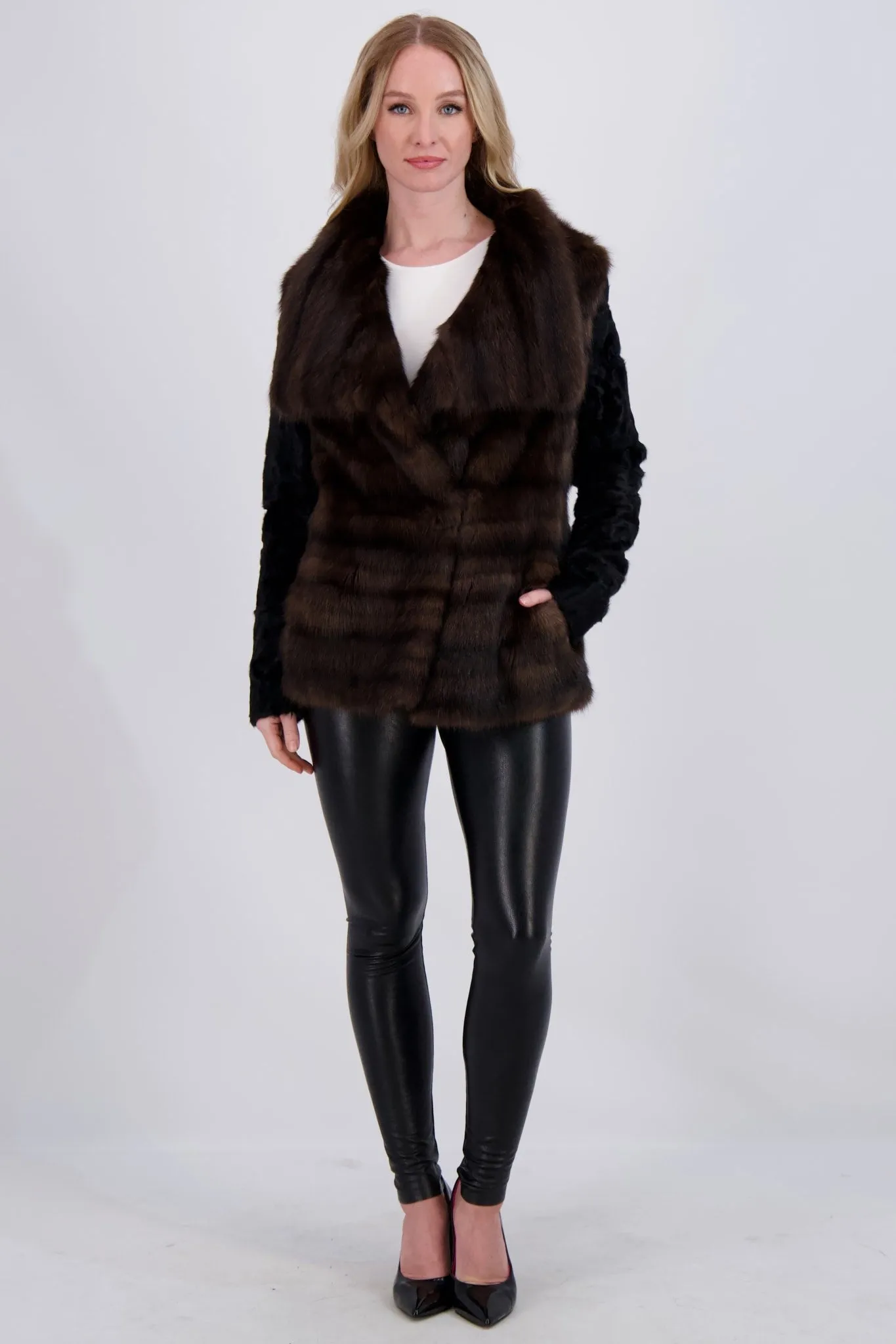 HORIZONTAL SABLE JACKET WITH LAMB SLEEVES