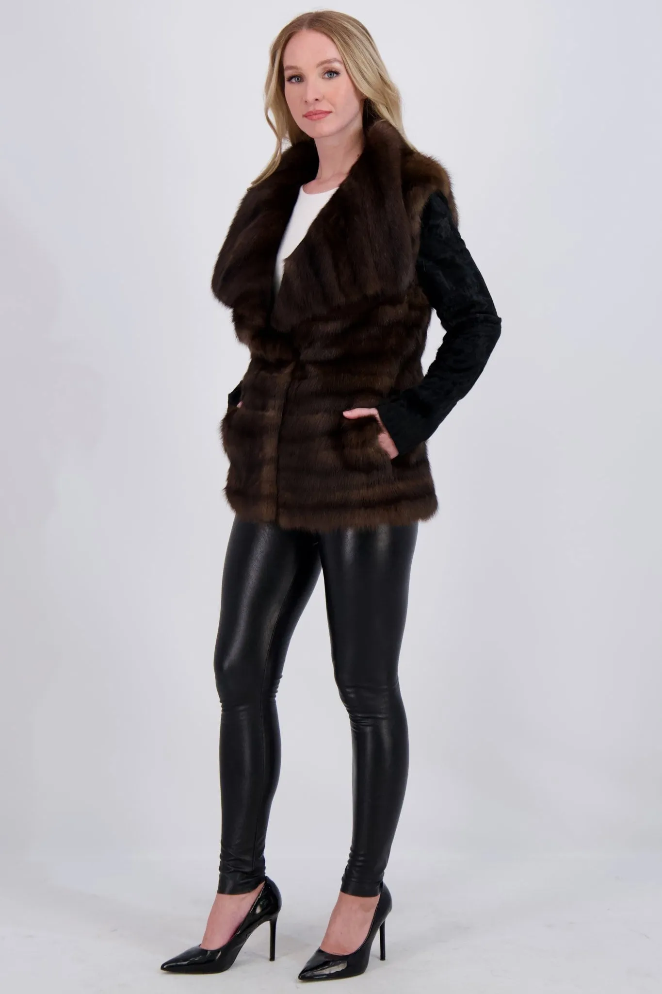 HORIZONTAL SABLE JACKET WITH LAMB SLEEVES