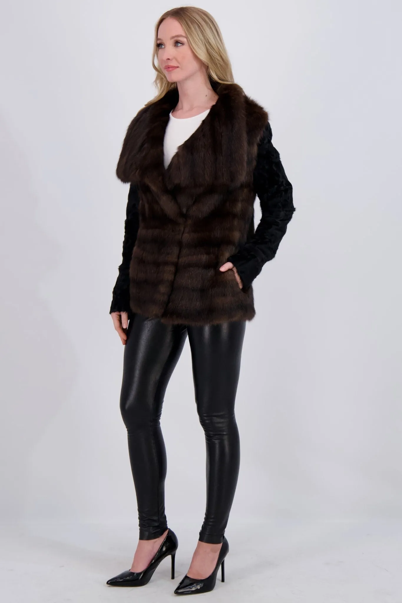 HORIZONTAL SABLE JACKET WITH LAMB SLEEVES