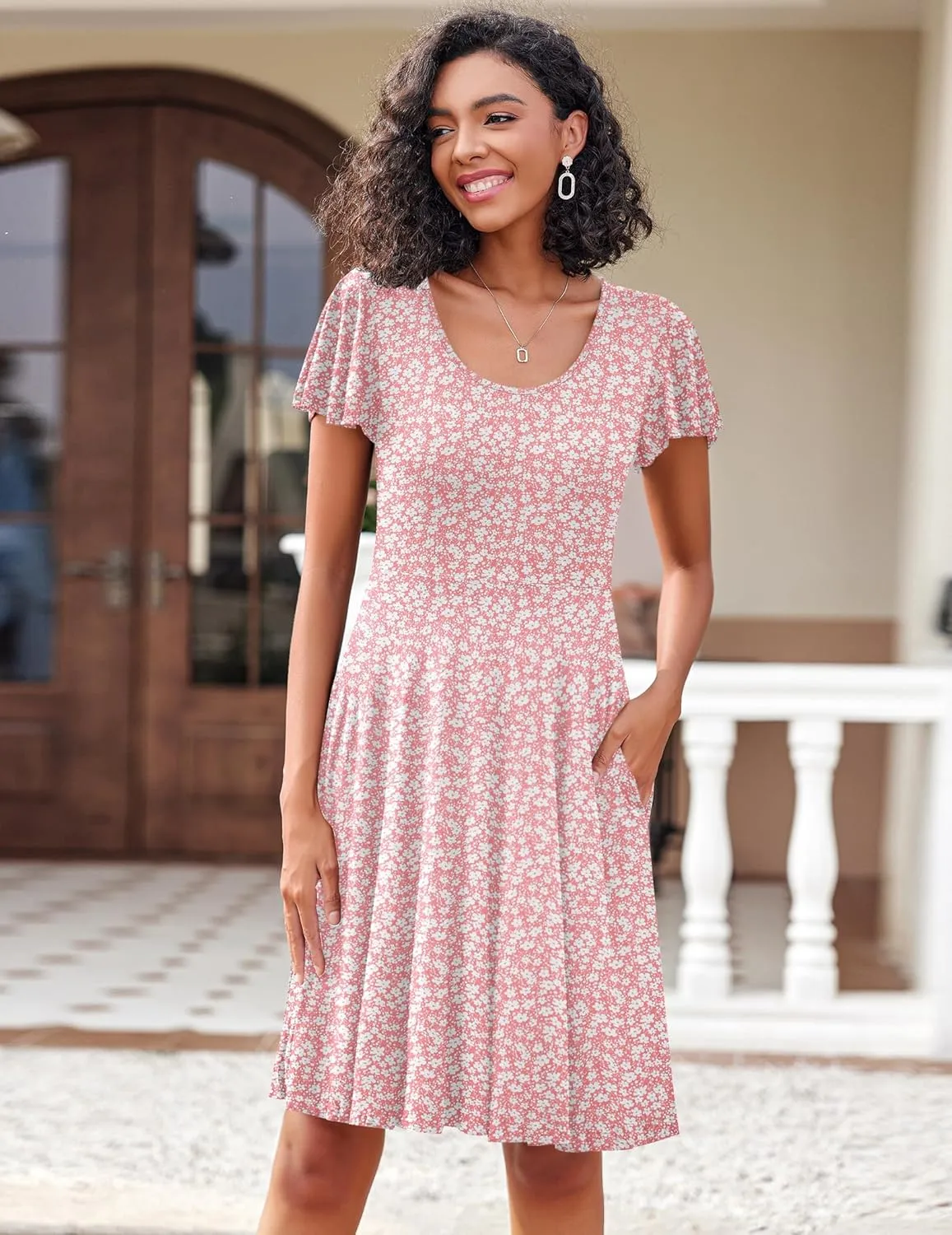HOTOUCH Women's Casual Dress Floral Summer Dress Ruffle Sleeve Crewneck Flowy Swing Mini Dresses with Pockets