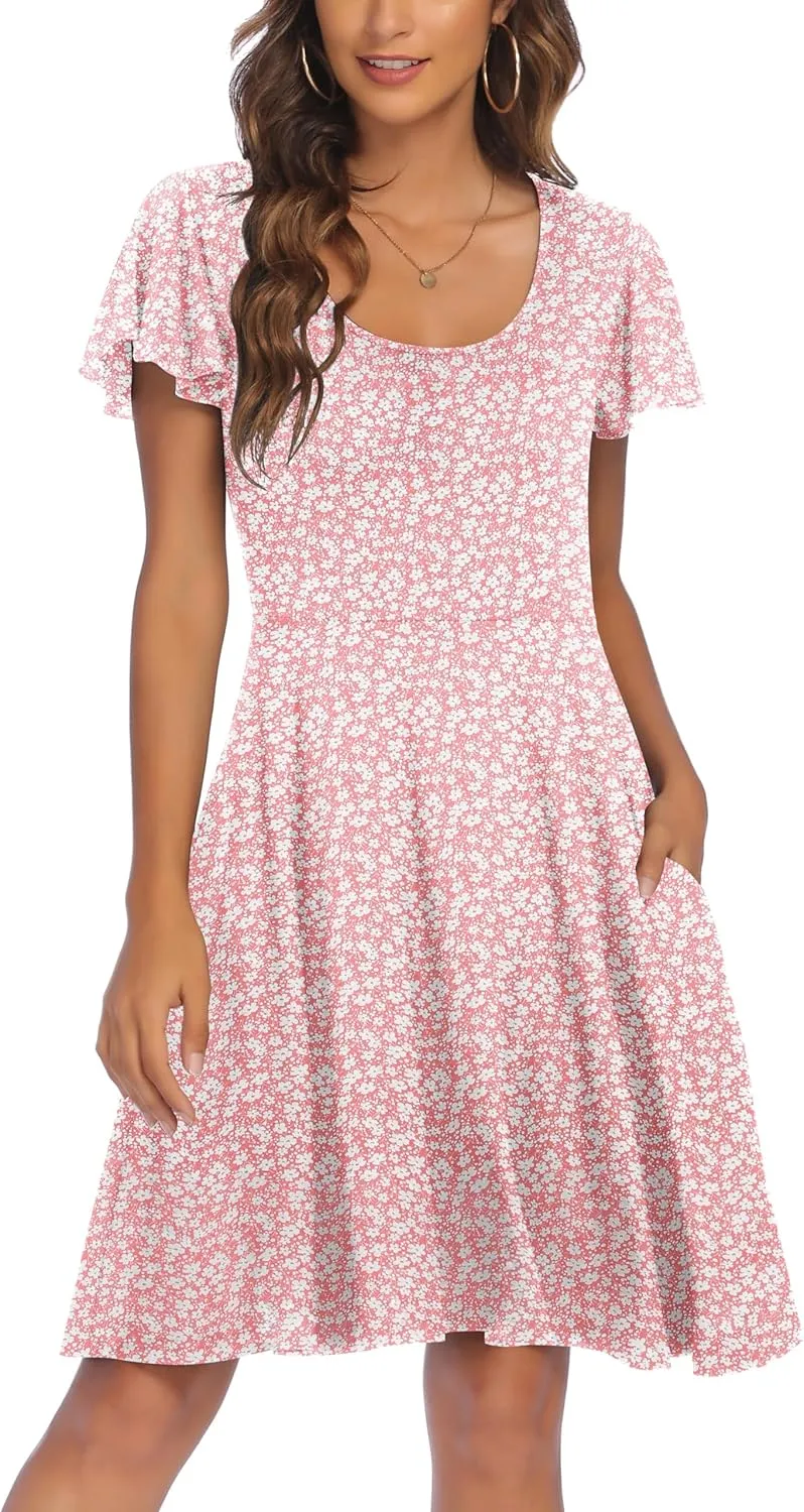 HOTOUCH Women's Casual Dress Floral Summer Dress Ruffle Sleeve Crewneck Flowy Swing Mini Dresses with Pockets
