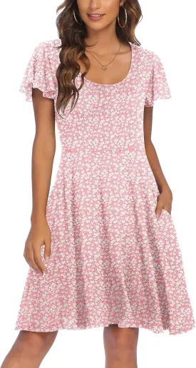 HOTOUCH Women's Casual Dress Floral Summer Dress Ruffle Sleeve Crewneck Flowy Swing Mini Dresses with Pockets