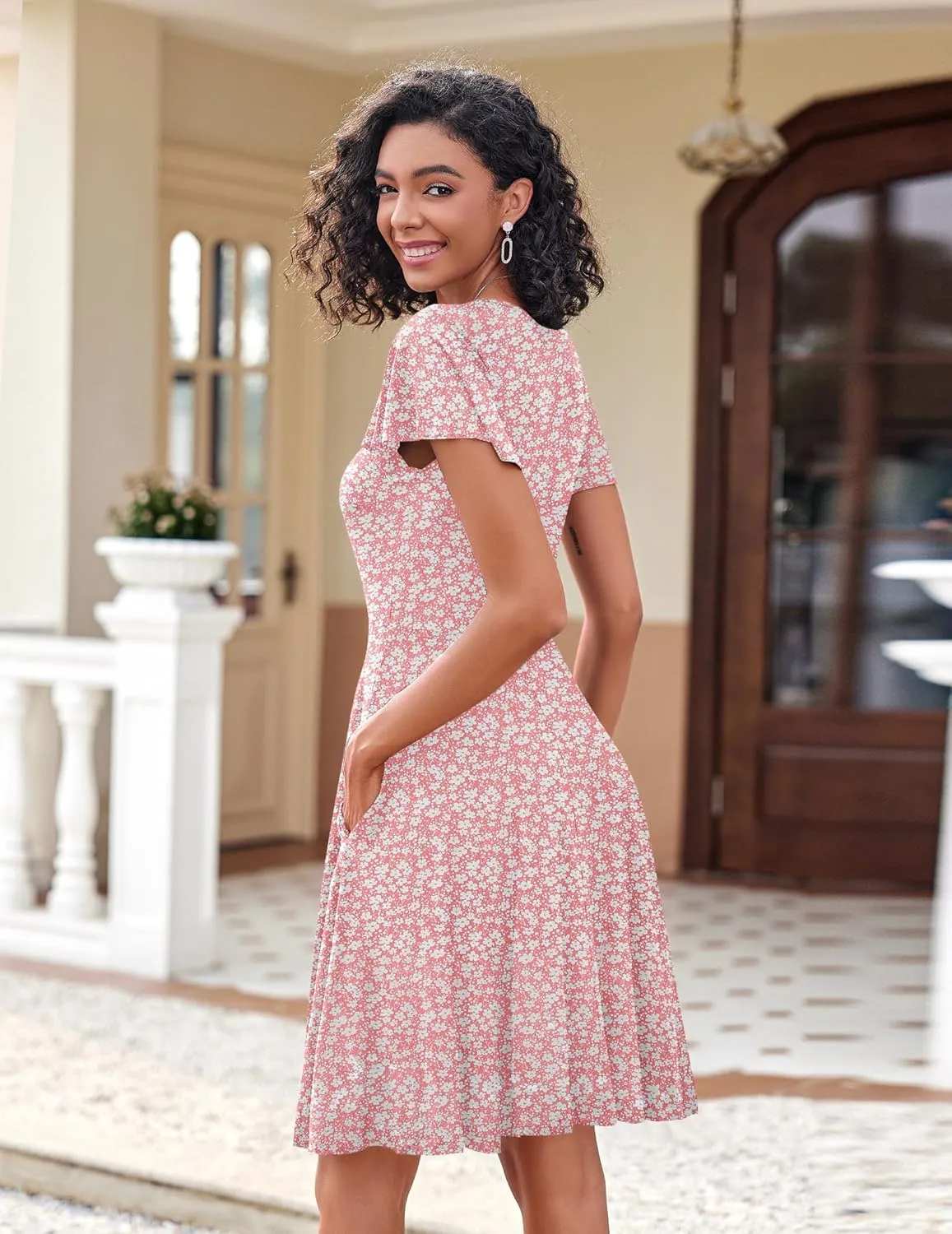 HOTOUCH Women's Casual Dress Floral Summer Dress Ruffle Sleeve Crewneck Flowy Swing Mini Dresses with Pockets