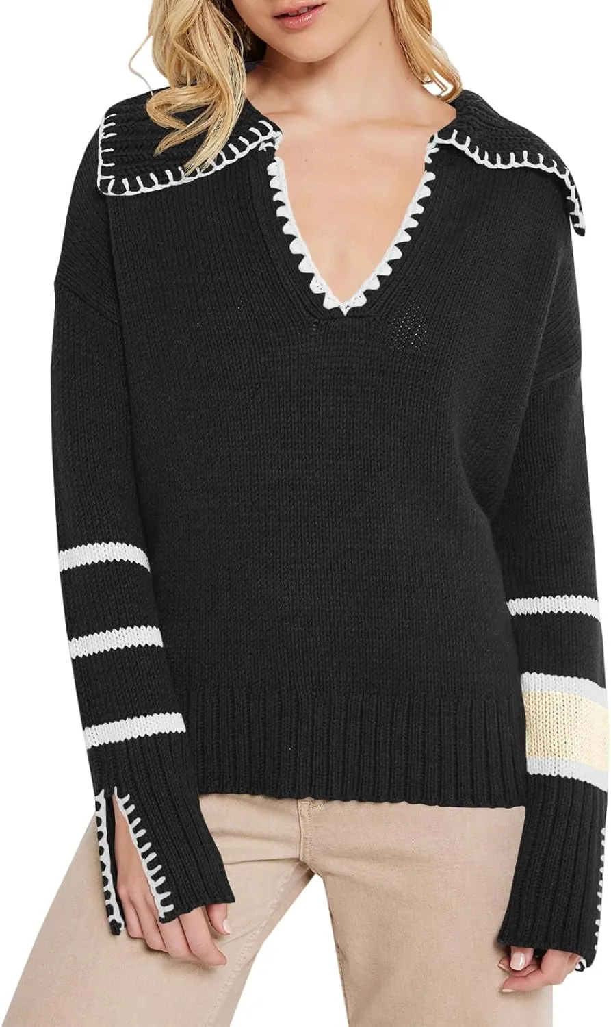 Langwyqu Womens V Neck Collared Sweaters Color Block Striped Long Sleeve Knit Pullover Jumper Tops