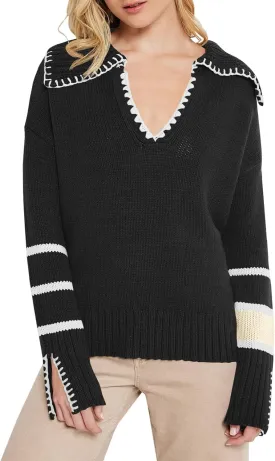 Langwyqu Womens V Neck Collared Sweaters Color Block Striped Long Sleeve Knit Pullover Jumper Tops