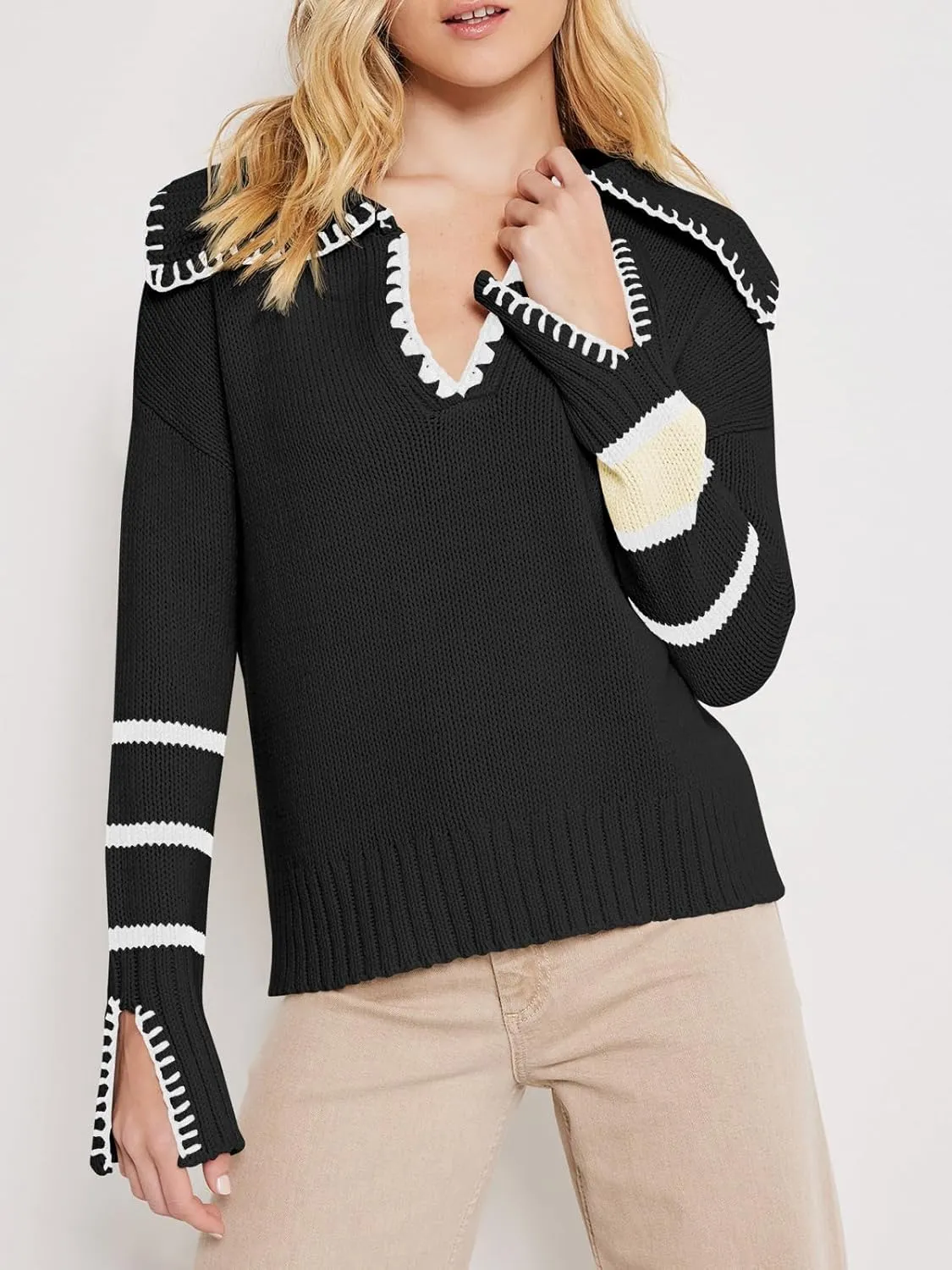 Langwyqu Womens V Neck Collared Sweaters Color Block Striped Long Sleeve Knit Pullover Jumper Tops