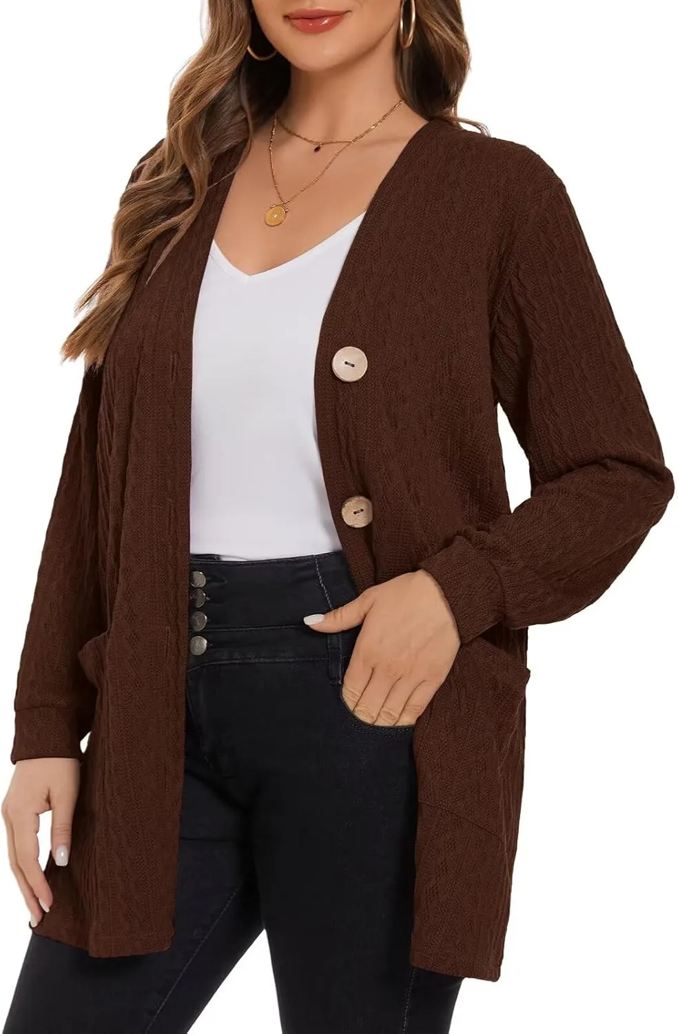 LARACE Open Front Cardigan for Women Cable Knit Sweater with Pockets Plus Size Long Sleeve Tops Button Down Winter Coat