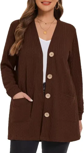 LARACE Open Front Cardigan for Women Cable Knit Sweater with Pockets Plus Size Long Sleeve Tops Button Down Winter Coat