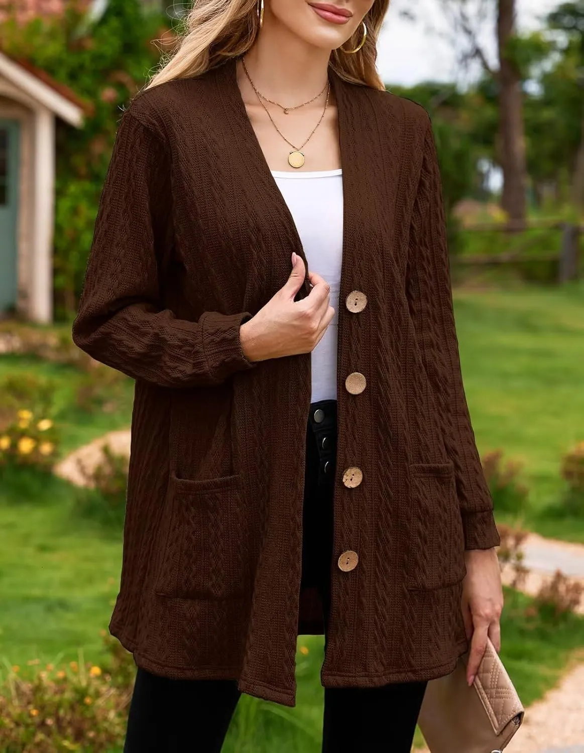 LARACE Open Front Cardigan for Women Cable Knit Sweater with Pockets Plus Size Long Sleeve Tops Button Down Winter Coat