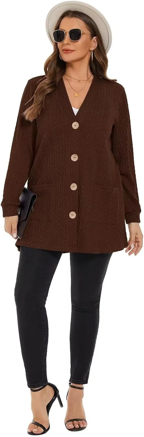 LARACE Open Front Cardigan for Women Cable Knit Sweater with Pockets Plus Size Long Sleeve Tops Button Down Winter Coat