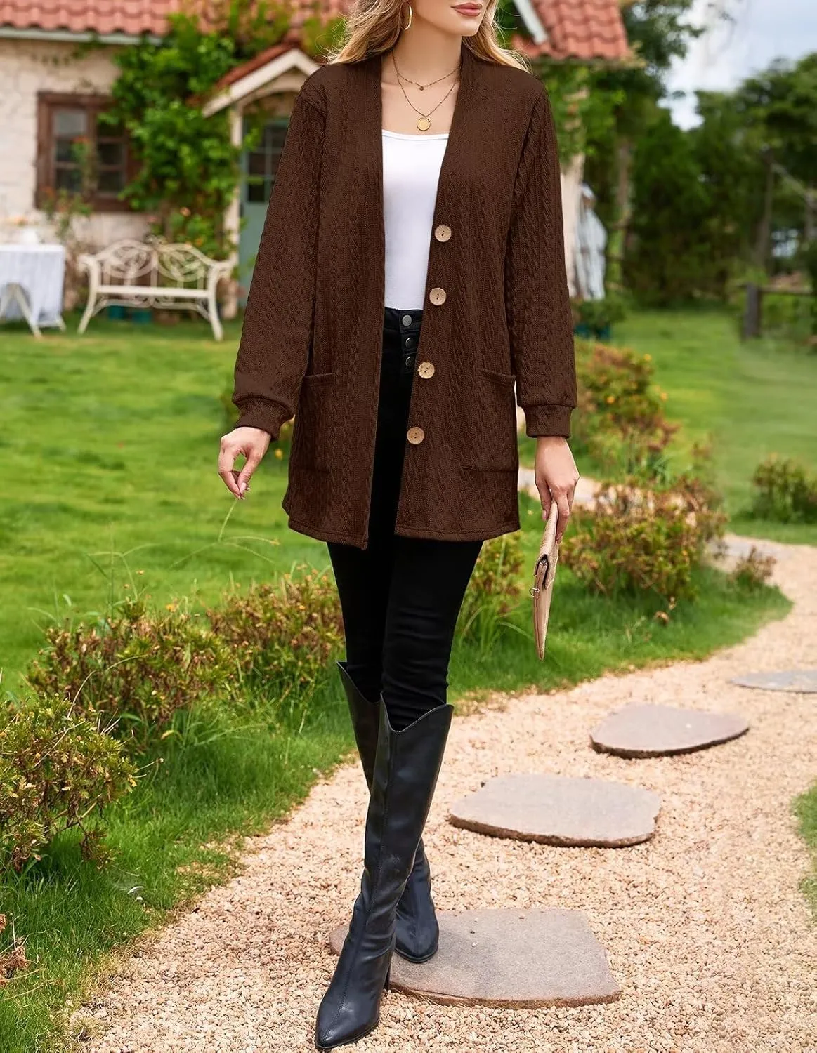 LARACE Open Front Cardigan for Women Cable Knit Sweater with Pockets Plus Size Long Sleeve Tops Button Down Winter Coat