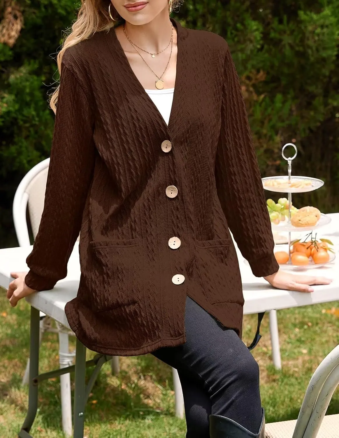 LARACE Open Front Cardigan for Women Cable Knit Sweater with Pockets Plus Size Long Sleeve Tops Button Down Winter Coat
