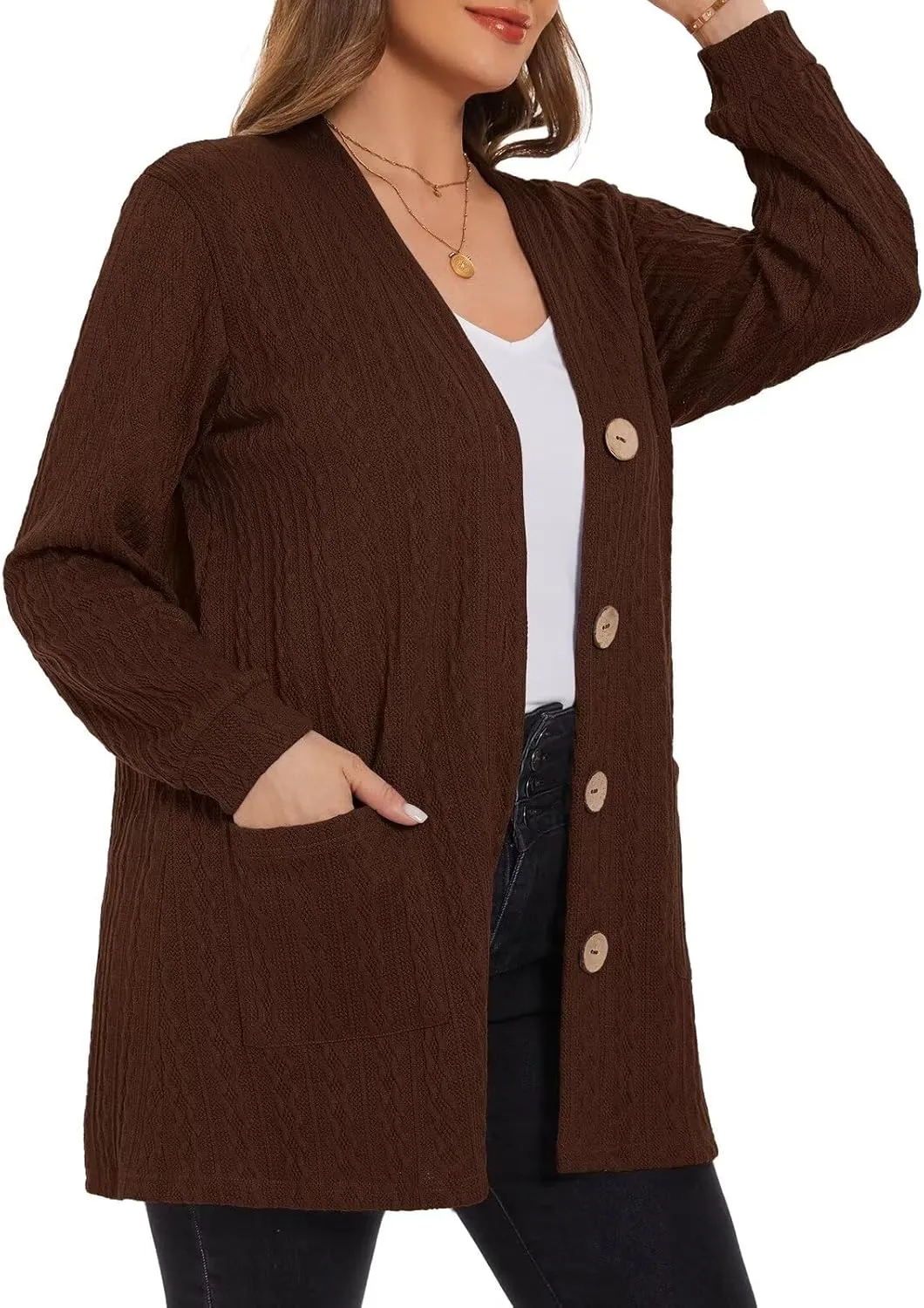 LARACE Open Front Cardigan for Women Cable Knit Sweater with Pockets Plus Size Long Sleeve Tops Button Down Winter Coat