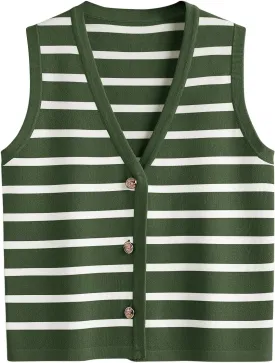 LILLUSORY Summer Vest Tops for Women 2025 Striped Sweater Vests Vacation Button Up Outfits Shirts Blouses Jacket Clothes