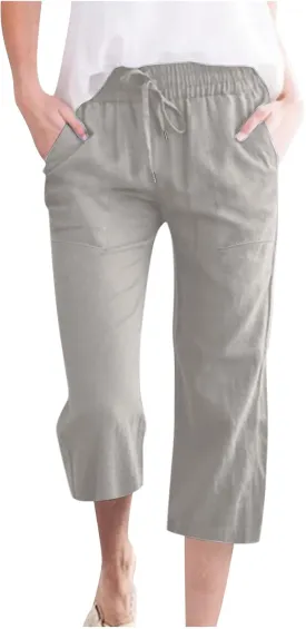 Linen Capri Pants for Women Casual 2025 Summer Drawstring Elastic High Waist Capris Wide Leg Cropped Trousers