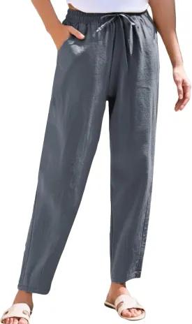 NBXNZWF Women's Cotton Linen Straight Leg Pants Elastic Drawstring Casual Trousers Summer Beach Lounge Pants with Pockets