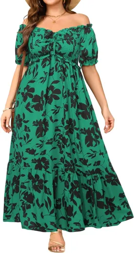 Plus Size Sun Dresses Women - Summer Off The Shoulder Puff Sleeve A Line Boho Maxi Flow Long Dress 2025