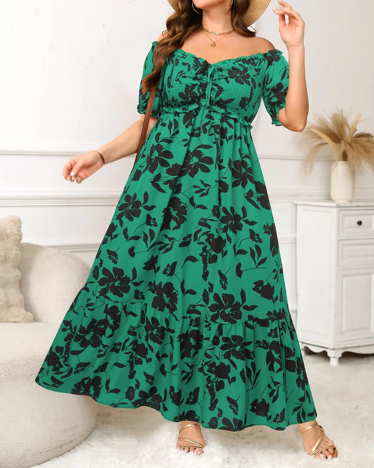 Plus Size Sun Dresses Women - Summer Off The Shoulder Puff Sleeve A Line Boho Maxi Flow Long Dress 2025